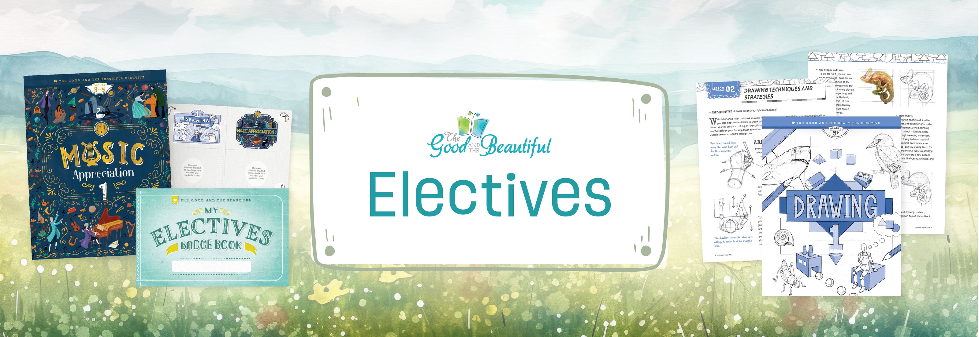 A watercolor nature background with two collages of elective course books with the text Electives in the middle | The Good and the Beautiful