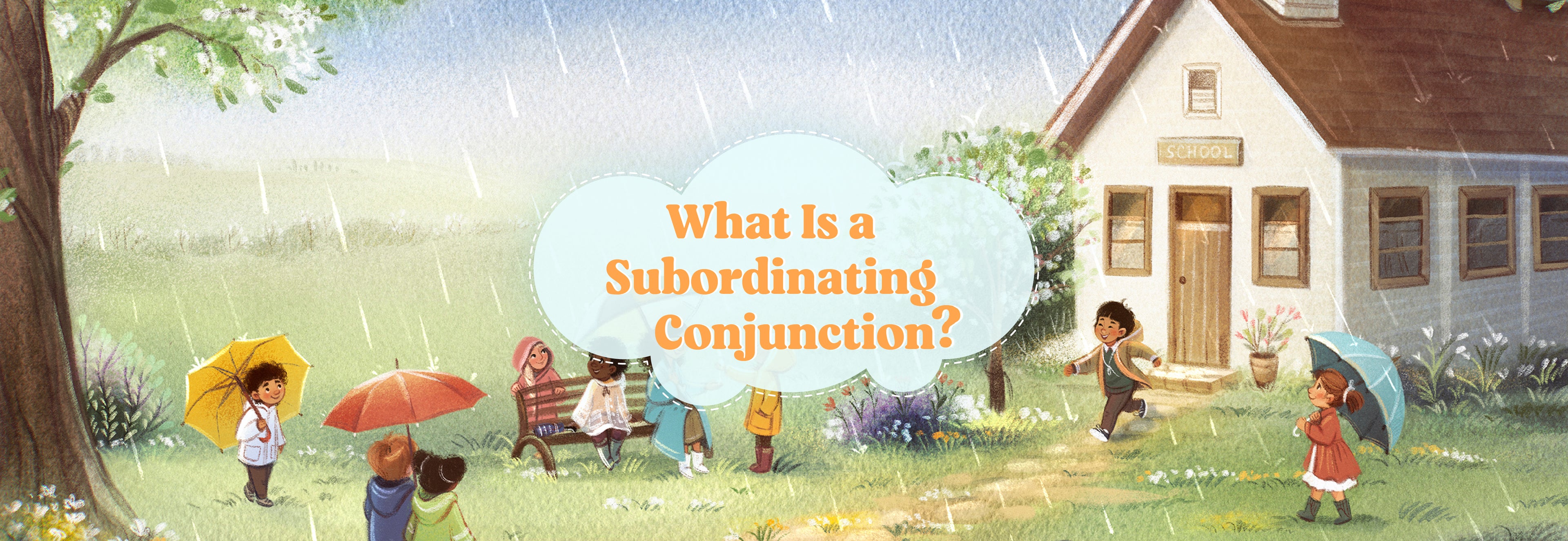 An illustrated image of kids playing outside in the rain with the text "What Is a Subordinating Conjunction" | The Good and the Beautiful