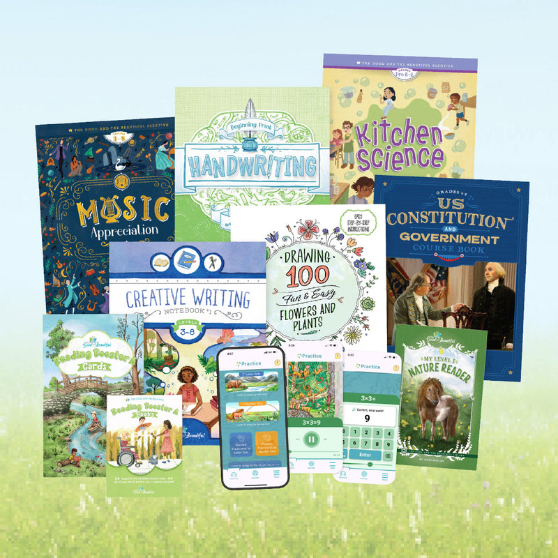 A collage of supplemental learning materials | The Good and the Beautiful