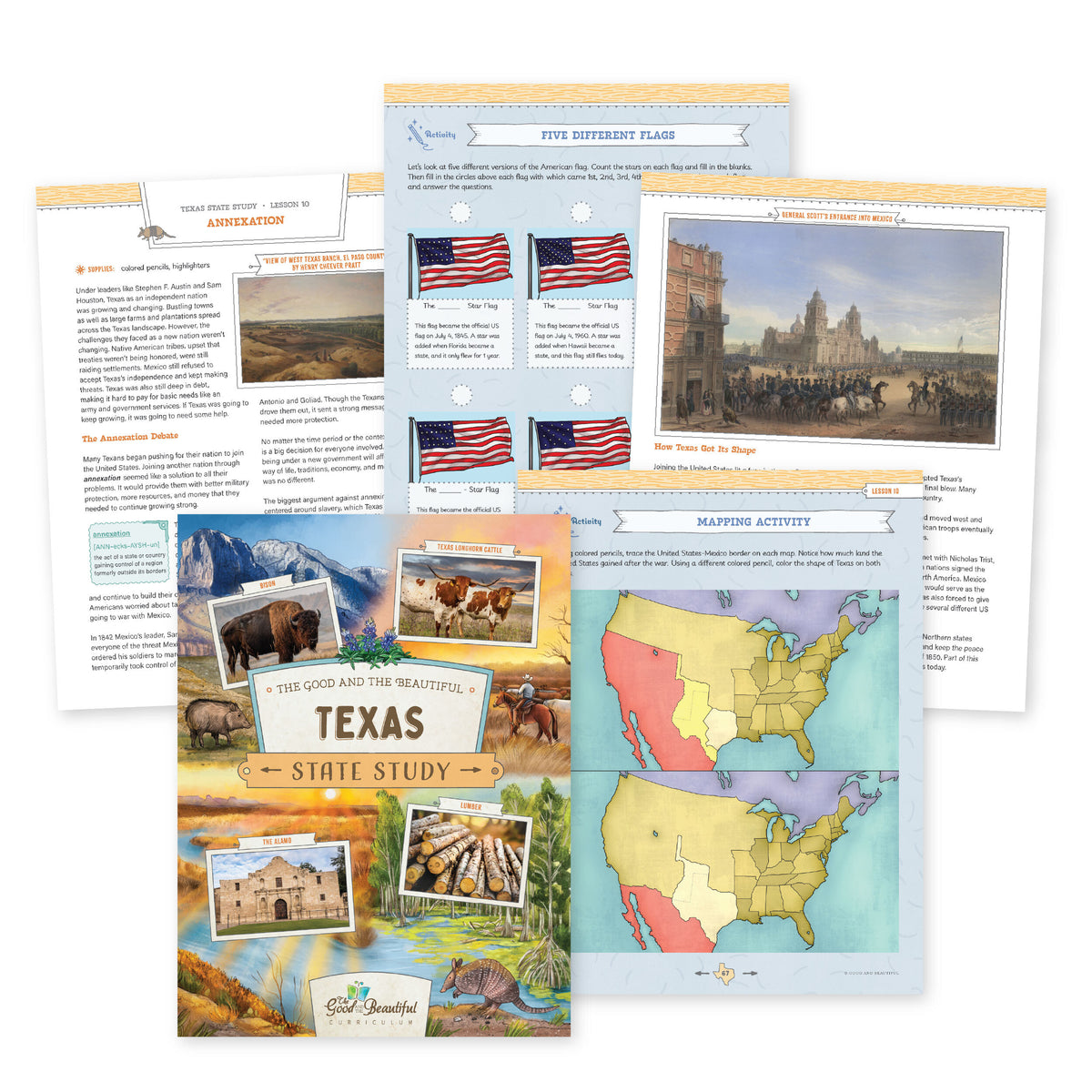 A collage of the Texas State Study course materials | The Good and the Beautiful
