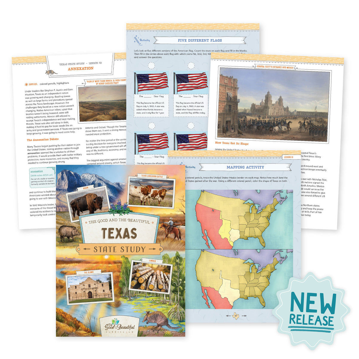 A collage of the Texas State Study cover and sample pages with a "New Release" sticker | The Good and the Beautiful