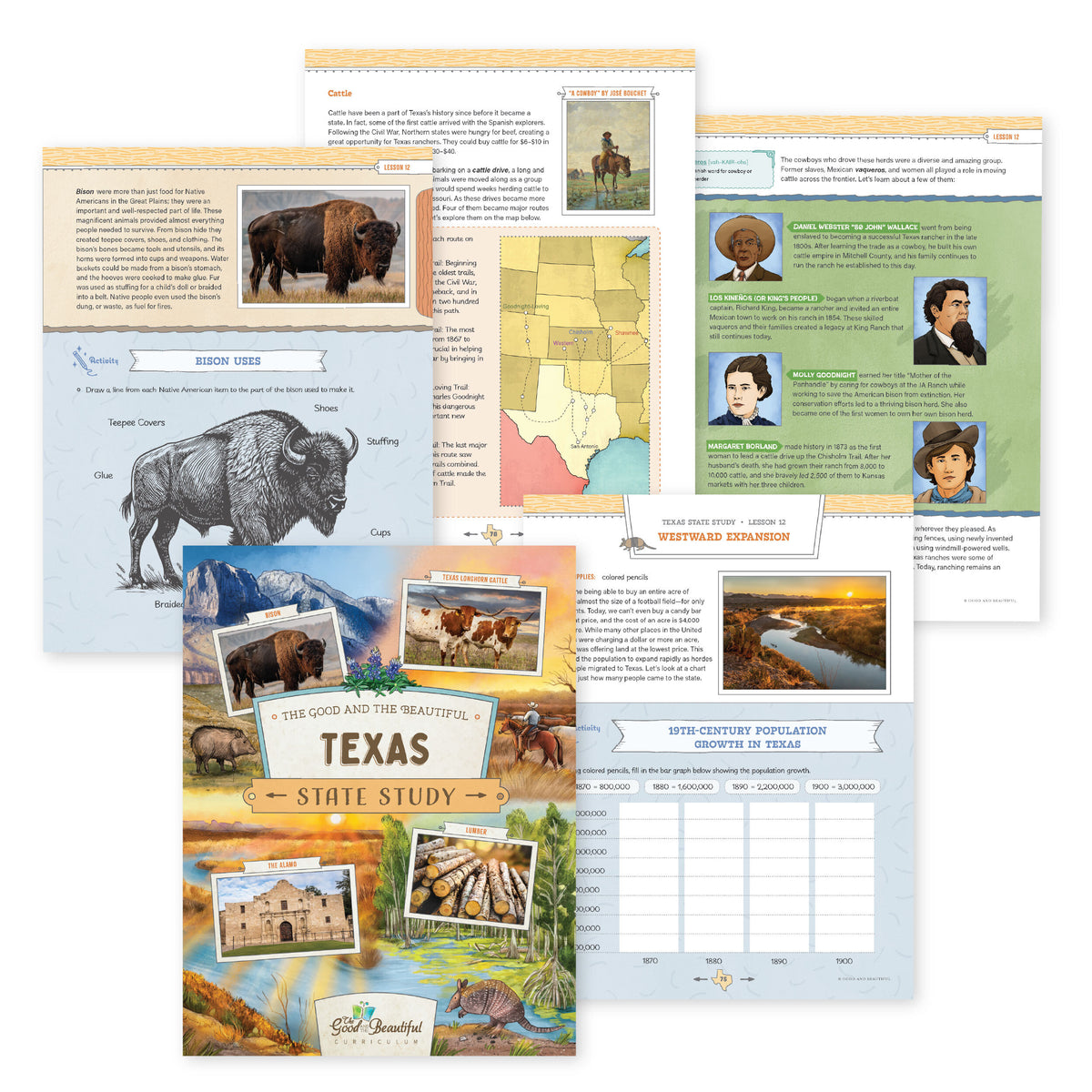 A collage of the Texas State Study materials | The Good and the Beautiful