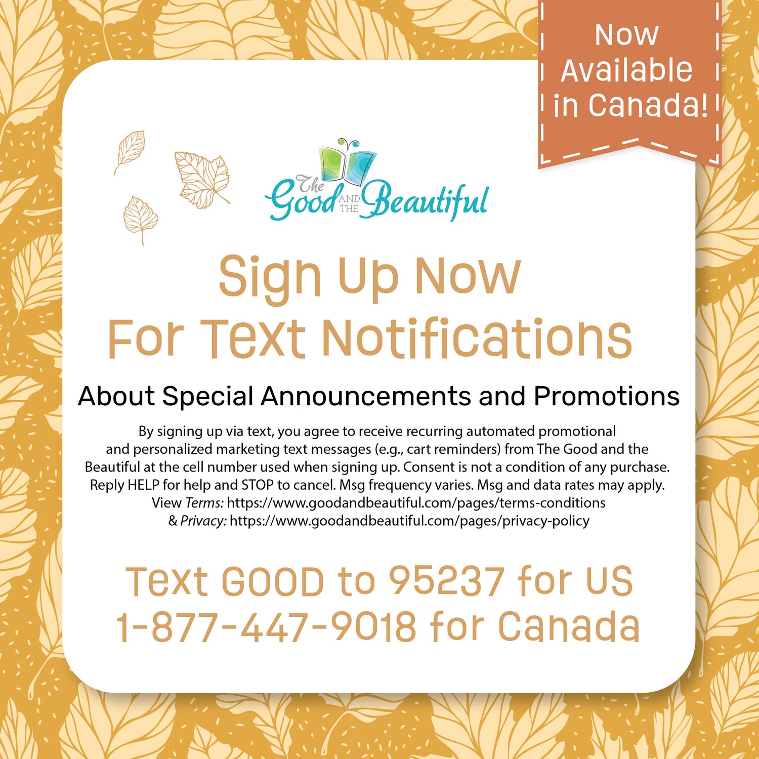 A text box with information about signing up for text notifications from The Good and the Beautiful with a brown fall background | The Good and the Beautiful