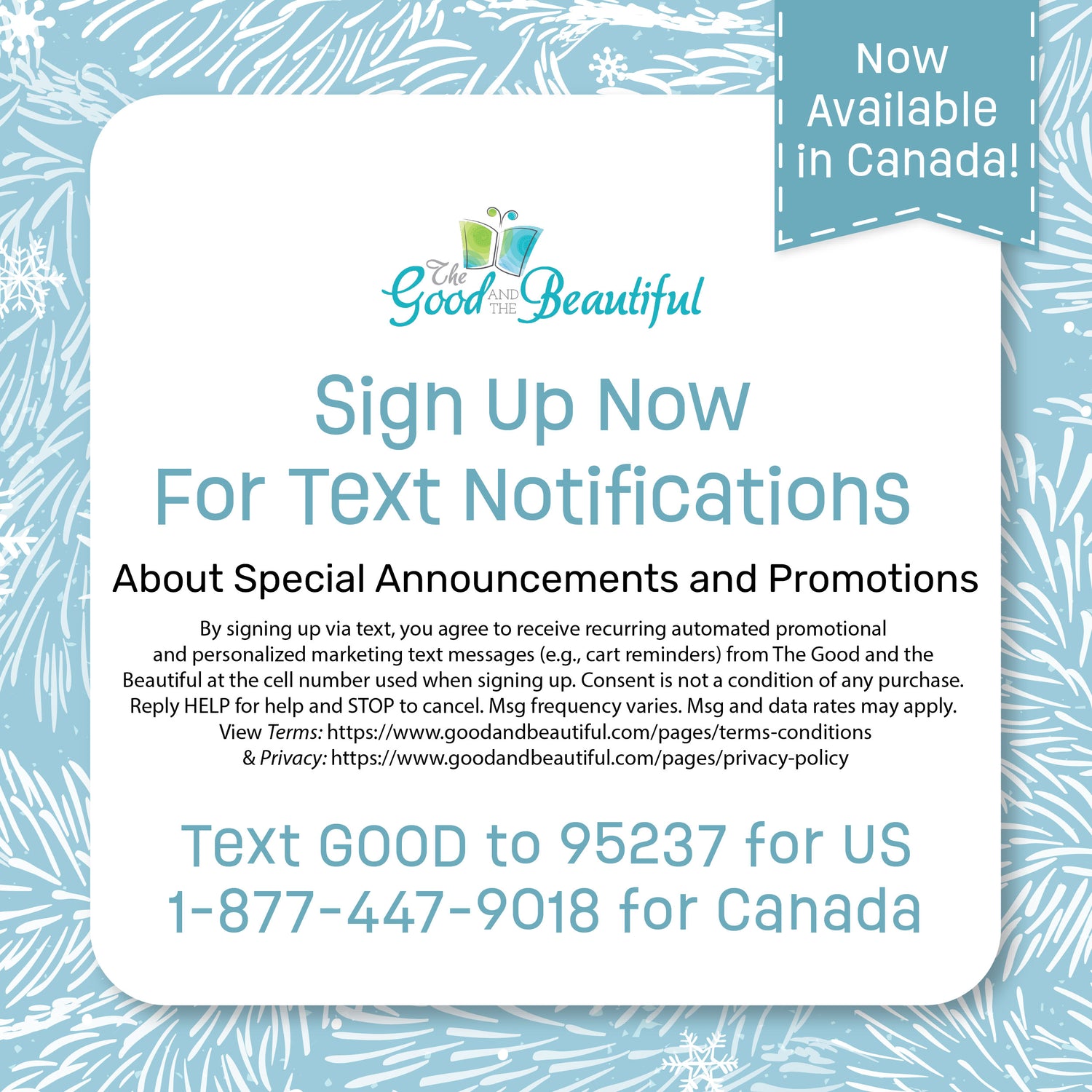 A text box with information about signing up for text notifications from The Good and the Beautiful with a blue wintery background | The Good and the Beautiful