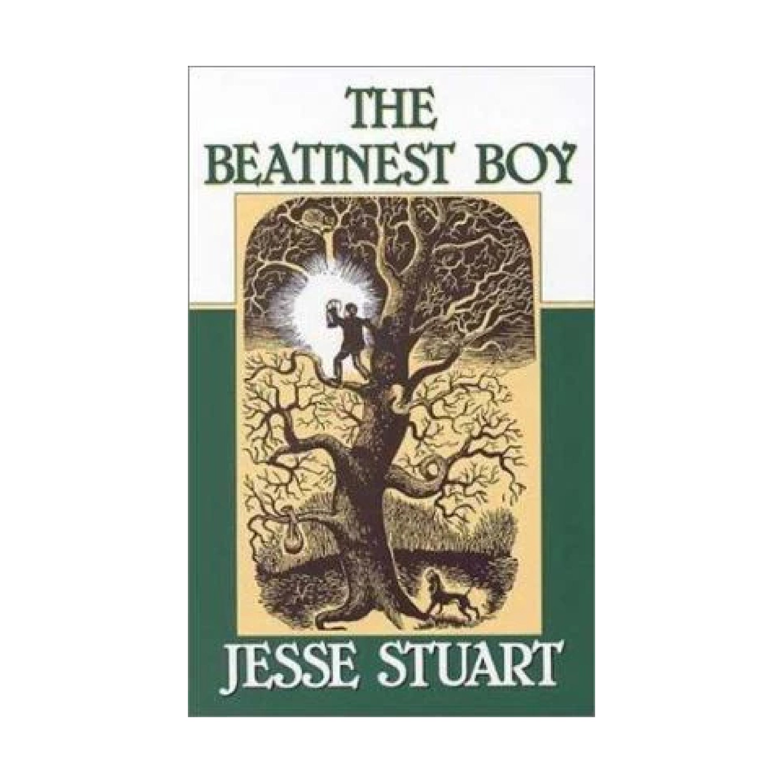 The book "he Beatinest Boy" by Jesse Stuart cover shown with an illustrated tree with many bare branches and a man climbing with a light | The Good and the Beautiful