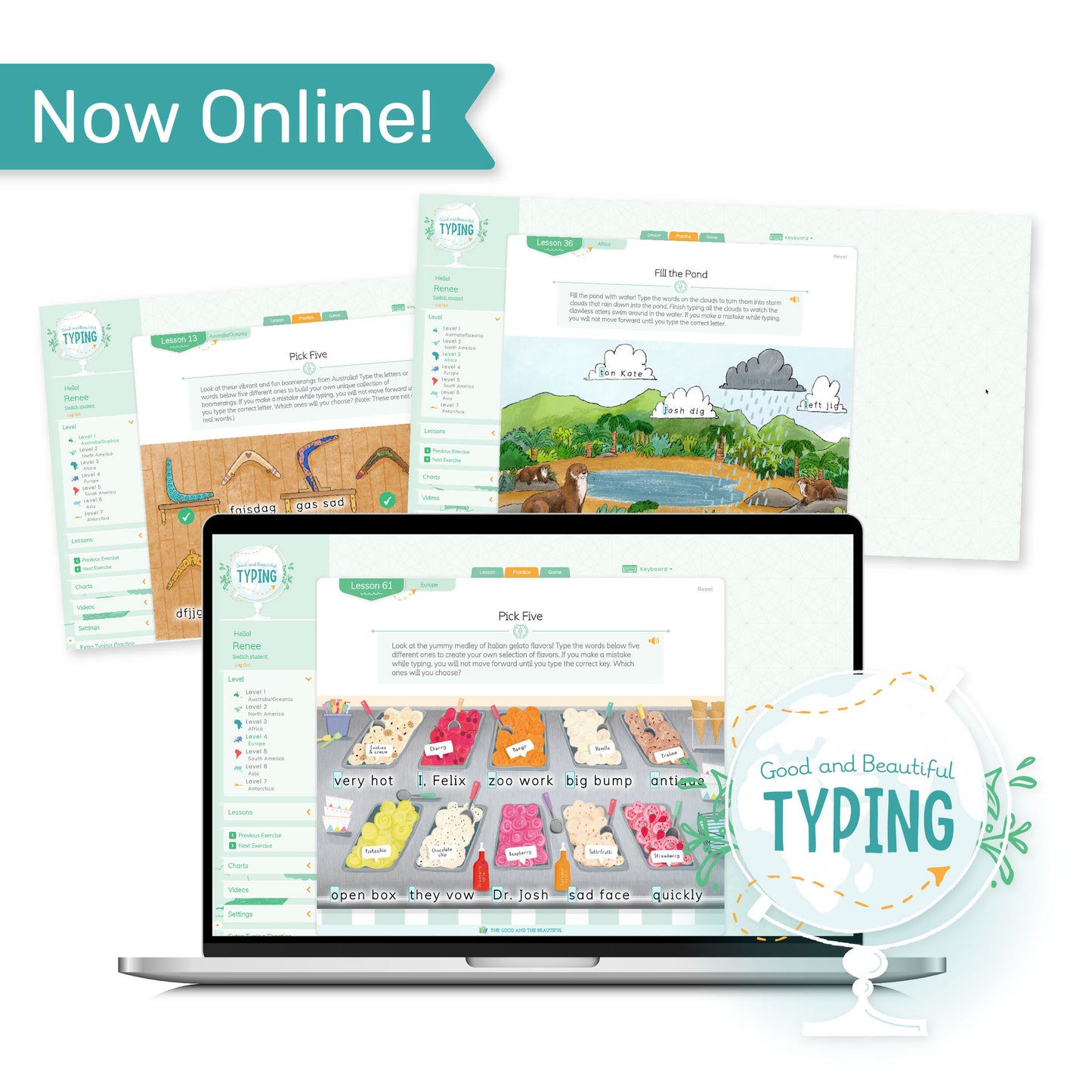 "Now Online!" Typing program with three sample web pages | The Good and the Beautiful