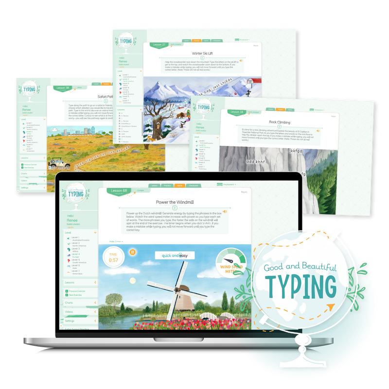 Four sample web pages from the online Good and Beautiful Typing program | The Good and the Beautiful