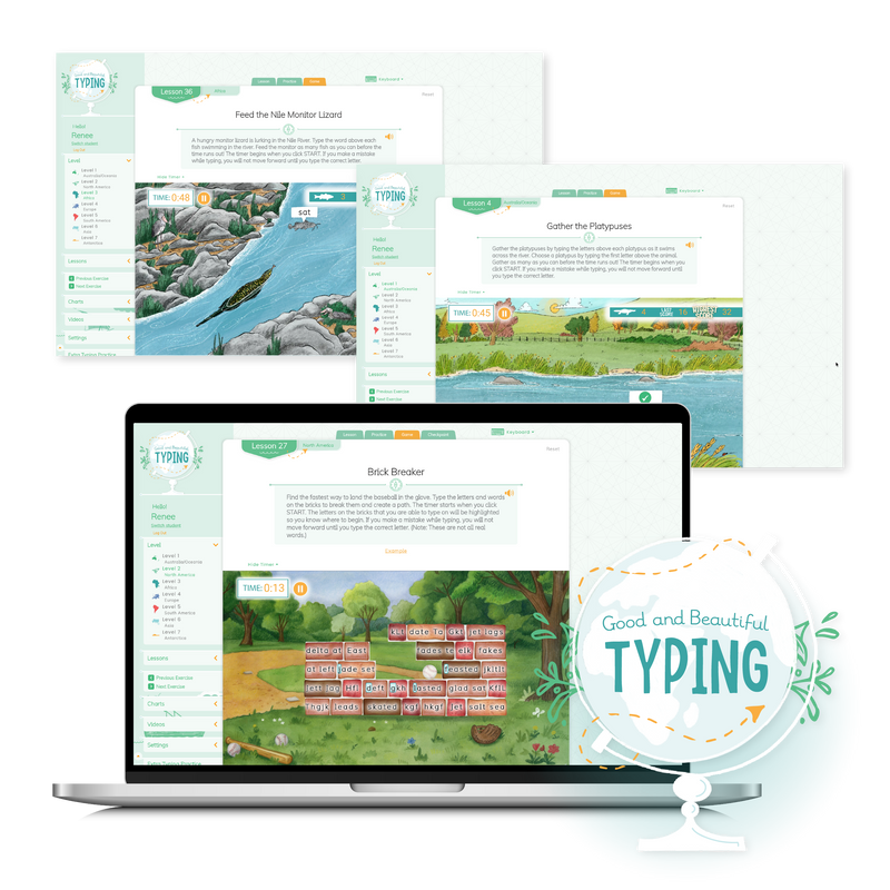 Three sample web pages of the online Good and Beautiful Typing program | The Good and the Beautiful