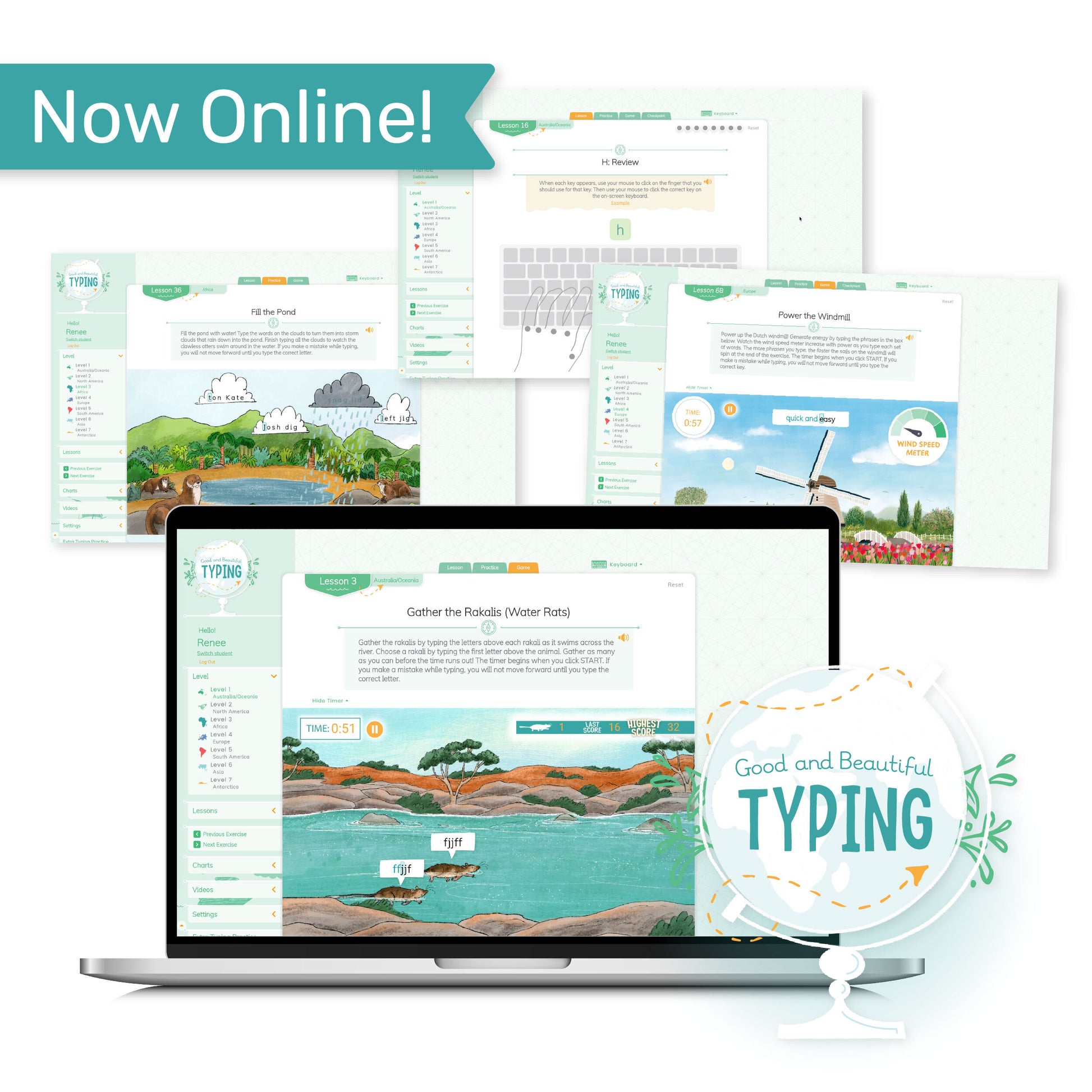 Sample web pages from Good and Beautiful Typing with the text "Now Online!" | The Good and the Beautiful