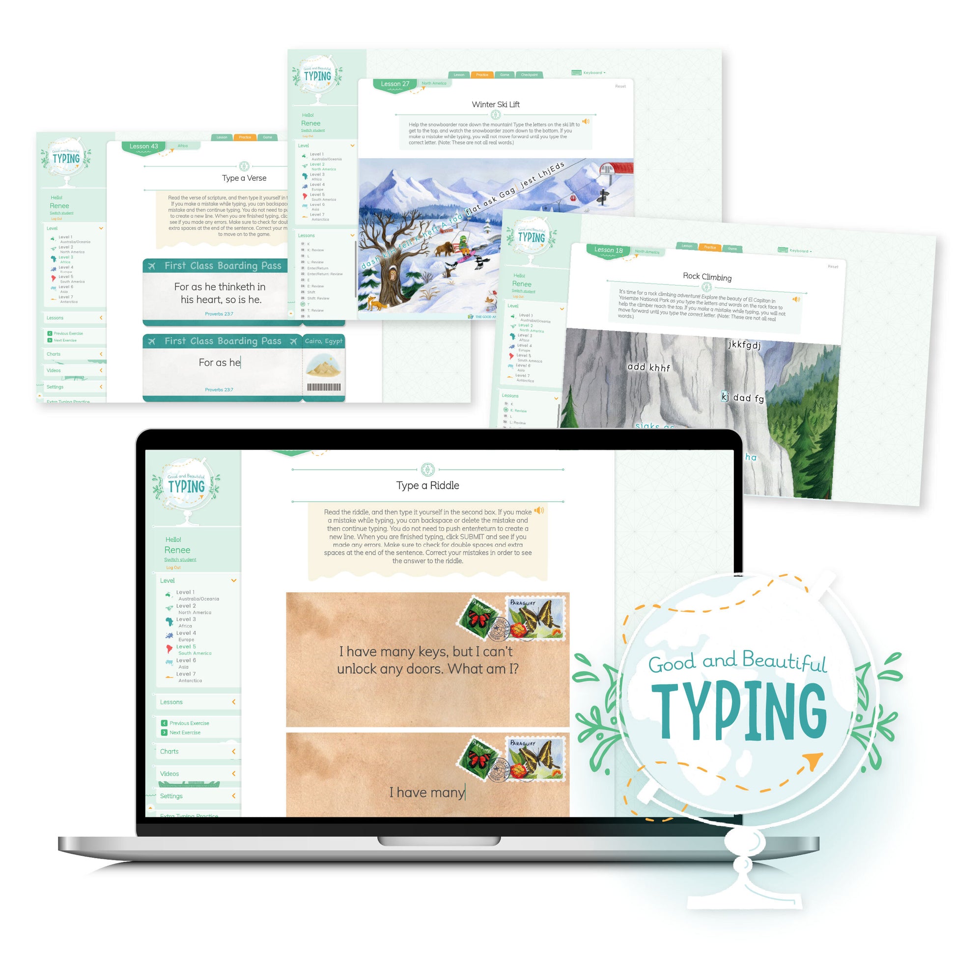 Four sample web pages from the new online typing program | The Good and the Beautiful