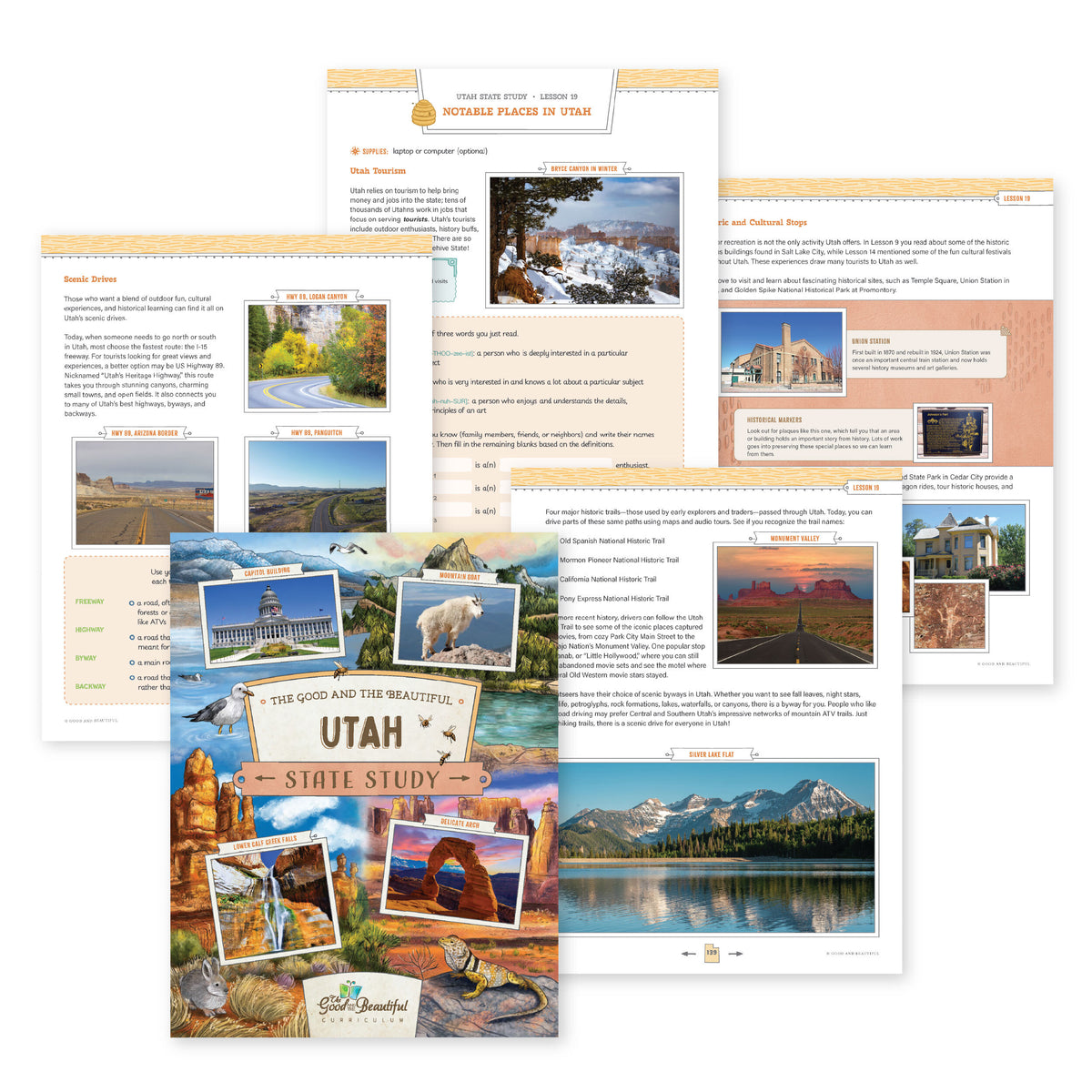 A collage of the Utah State Study course cover and sample pages | The Good and the Beautiful