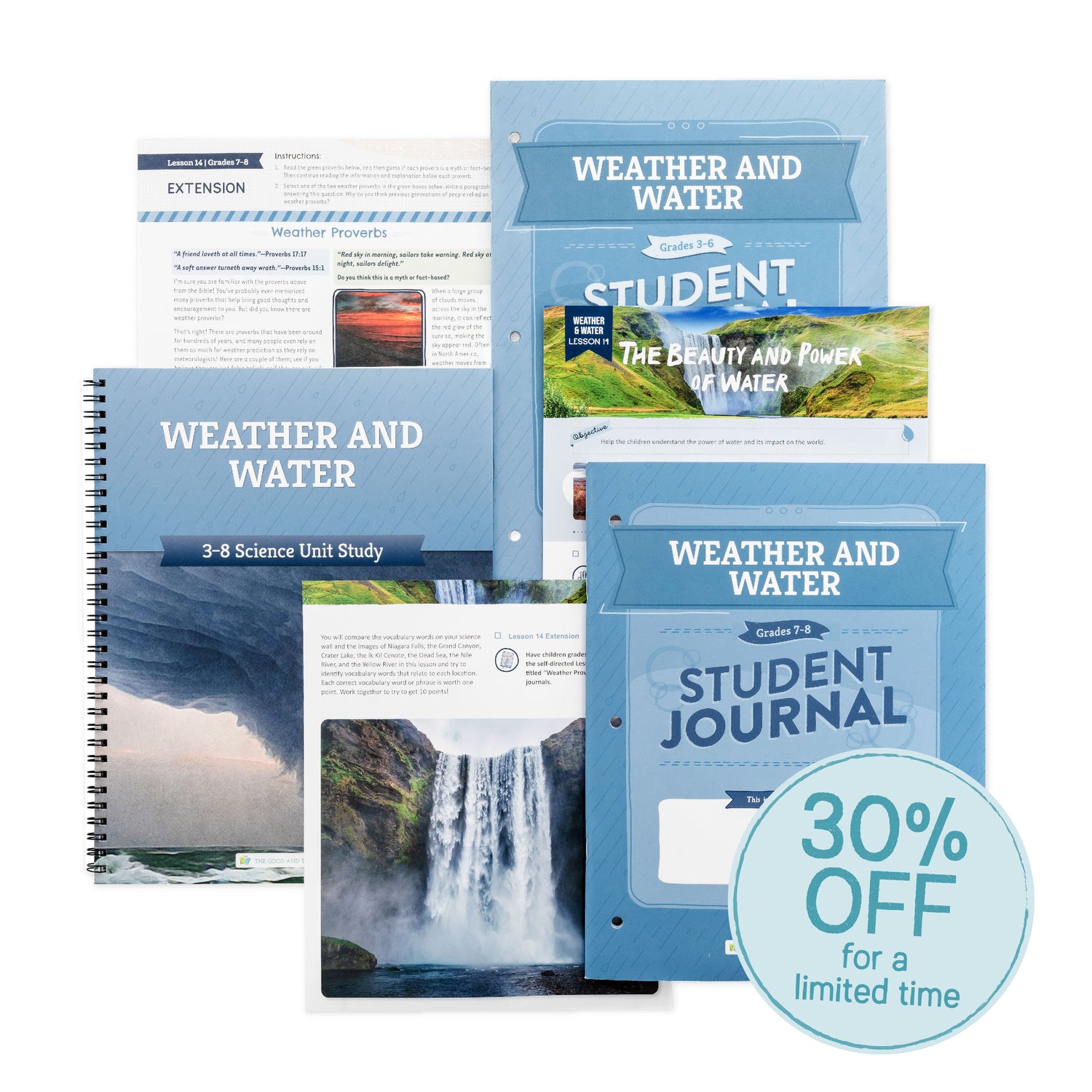 A collage of the Weather and Water Science Unit Study with the sticker 30% off for a limited time | The Good and the Beautiful