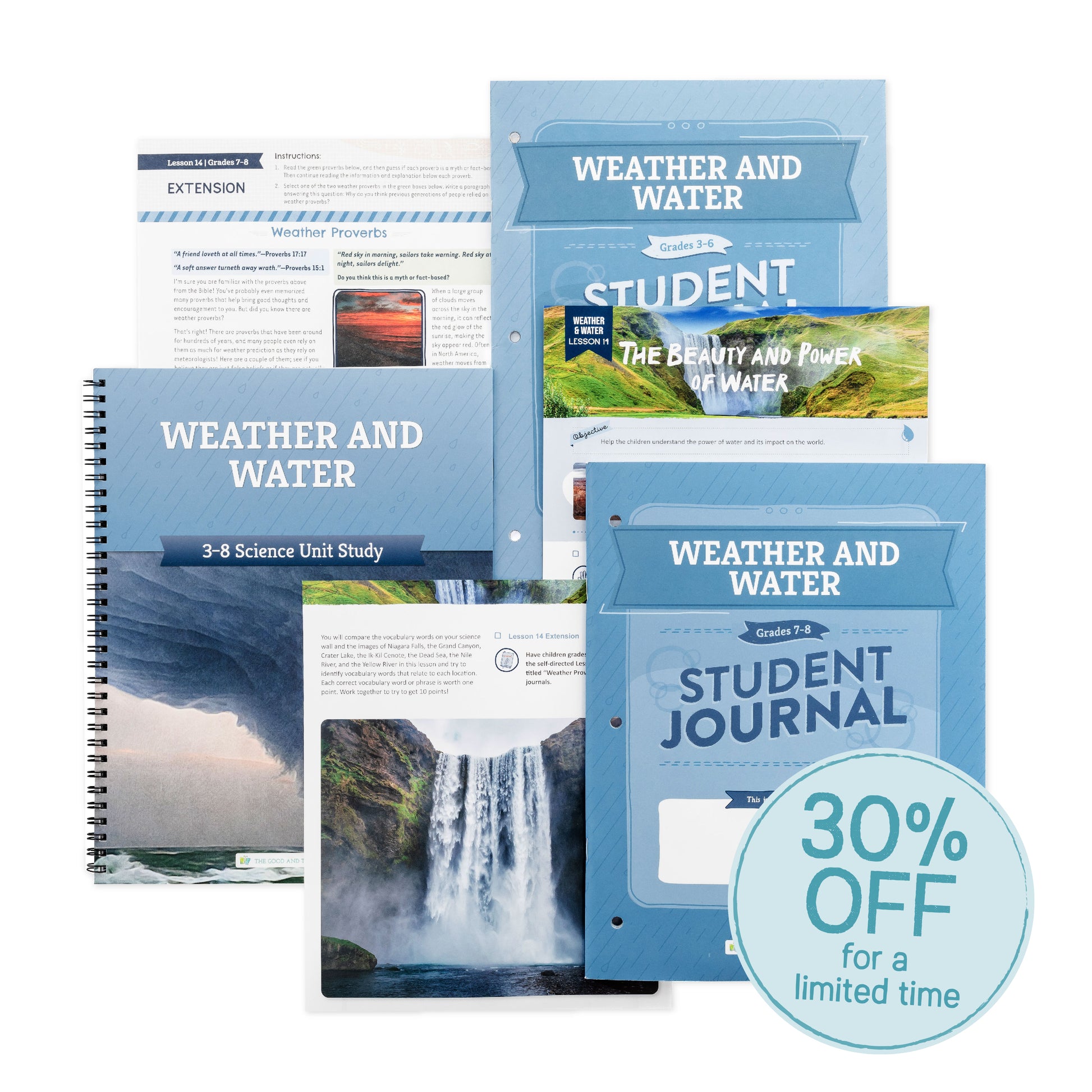 A collage of the Weather and Water Science Unit Study with the sticker 30% off for a limited time | The Good and the Beautiful