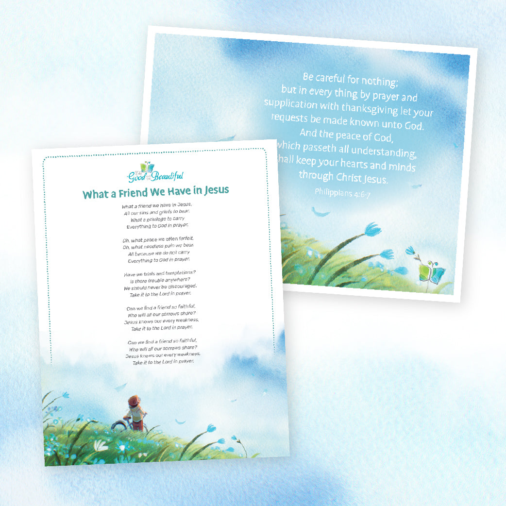 A collage of two printable pages with illustrations, song lyrics and a bible verse on them | The Good and the Beautiful
