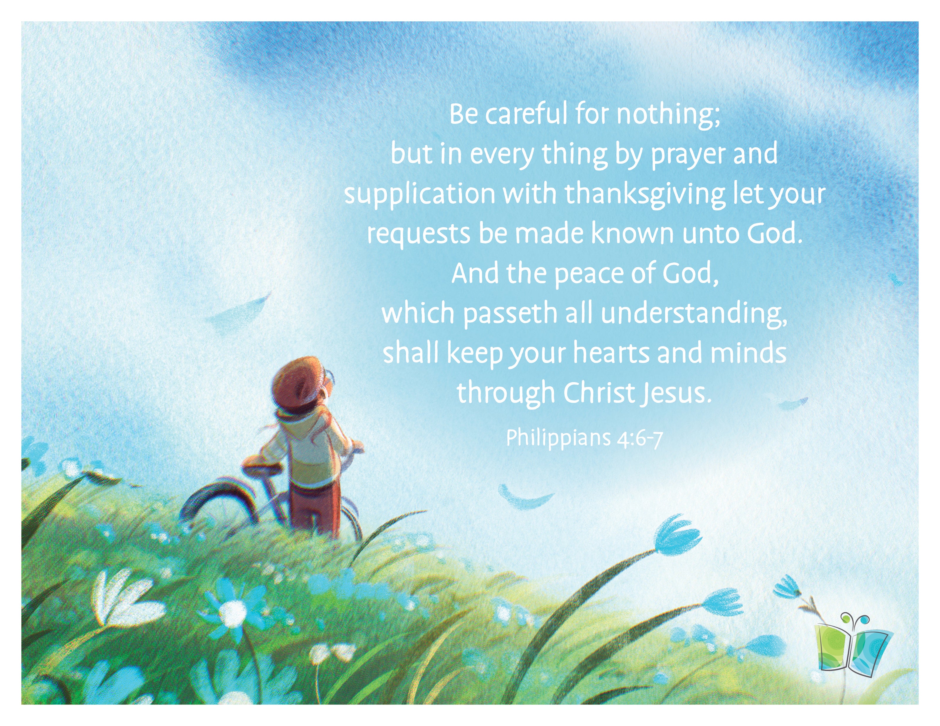 An illustrated image of a boy standing up in a grassy field next to his bike and looking up into the sky with the bible verse Philippians 4:6-7 on the image | The Good and the Beautiful