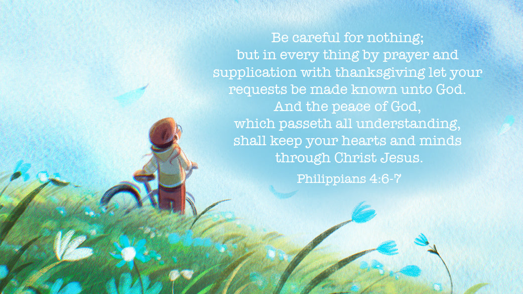 An illustrated image of a boy standing up in a wild flower field next to his bike and looking up into the sky with the bible verse Philippians 4:6-7 on the image | The Good and the Beautiful