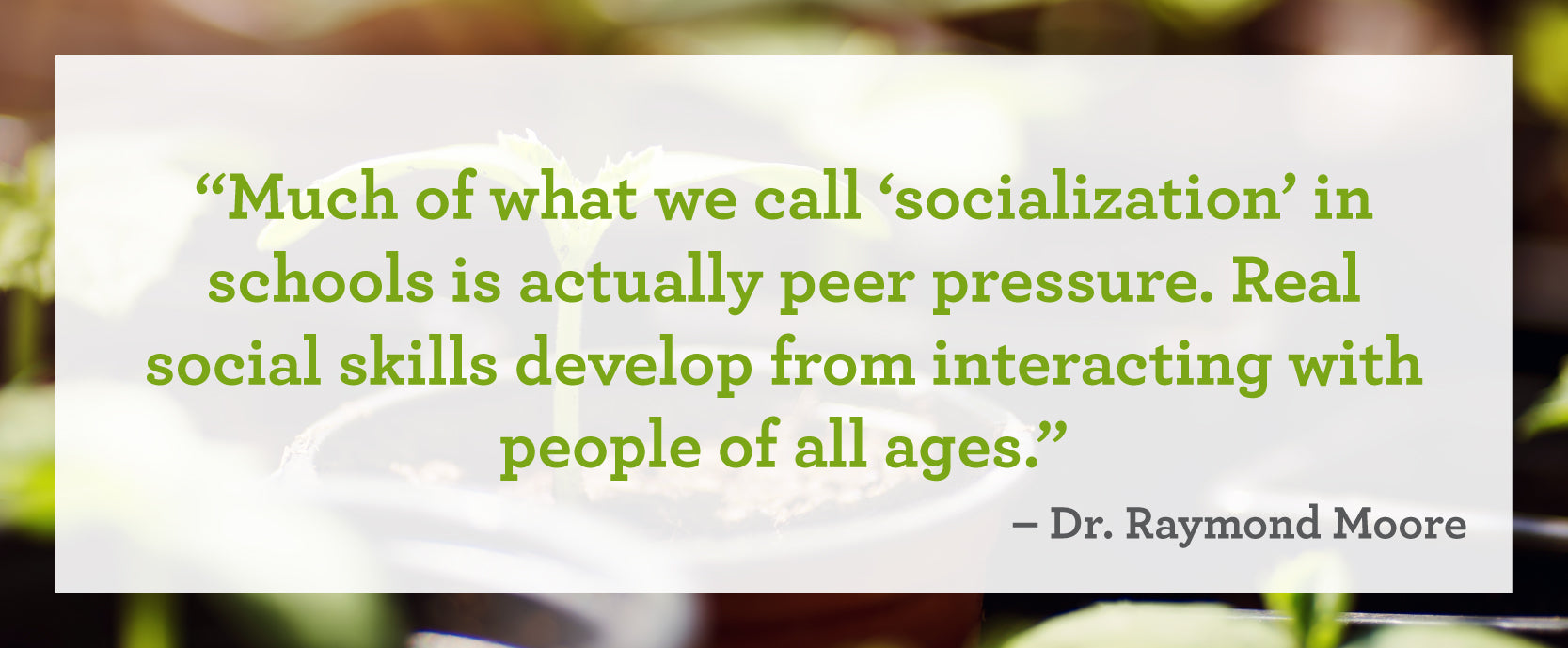 "Much of what we call 'socialization' in schools is actual peer pressure. Real social skills develop from interacting with people of all ages." – Dr. Raymond Moore