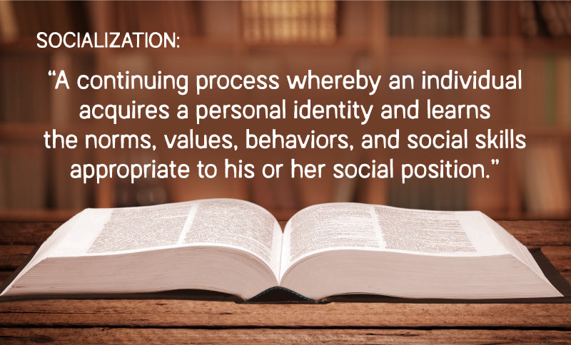 SOCIALIZATION: “A continuing process whereby an individual acquires a personal identity and learns the norms, values, behaviors, and social skills appropriate to his or her social position.”