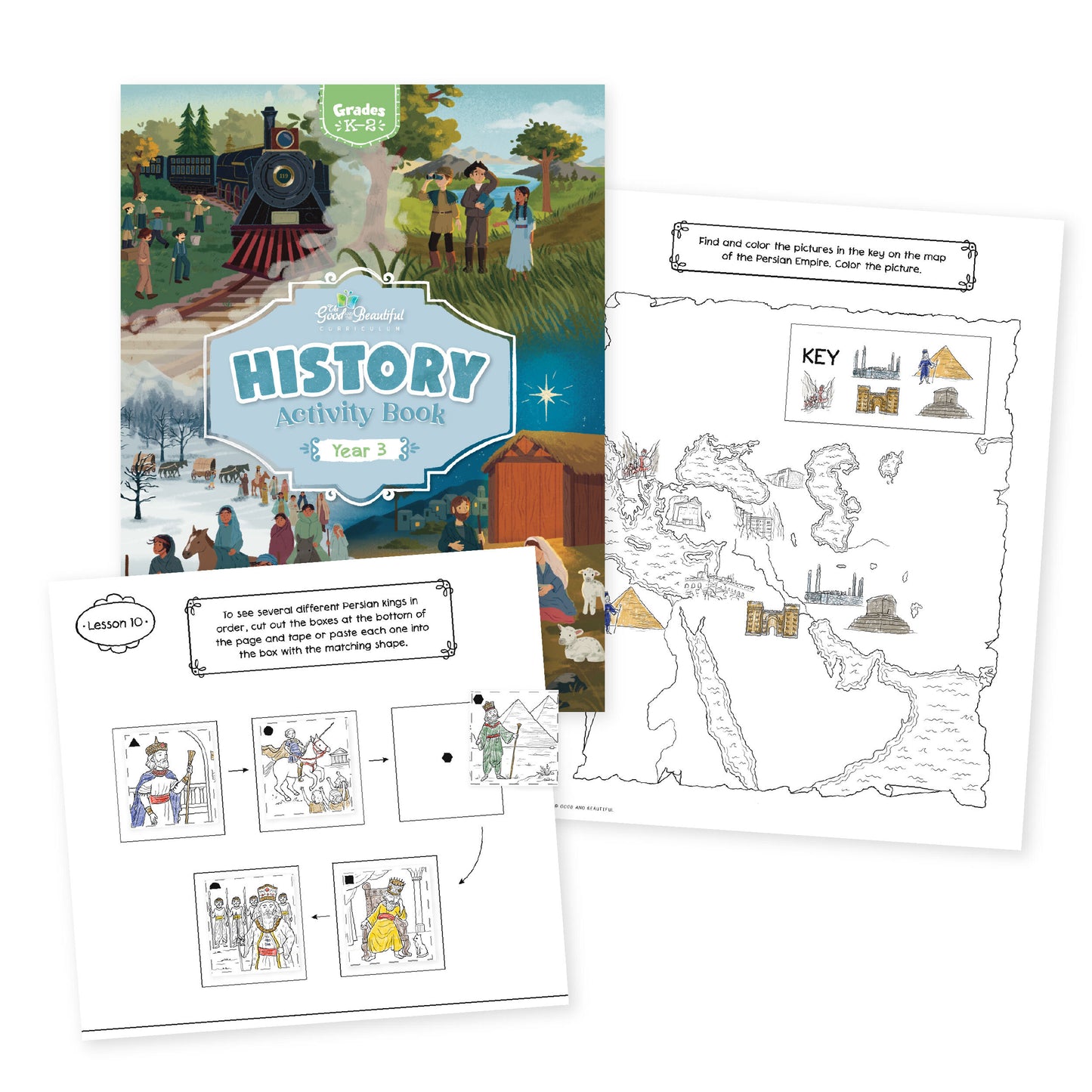 History activity book year 3 with two sample pages from lesson 10 | The Good and the Beautiful