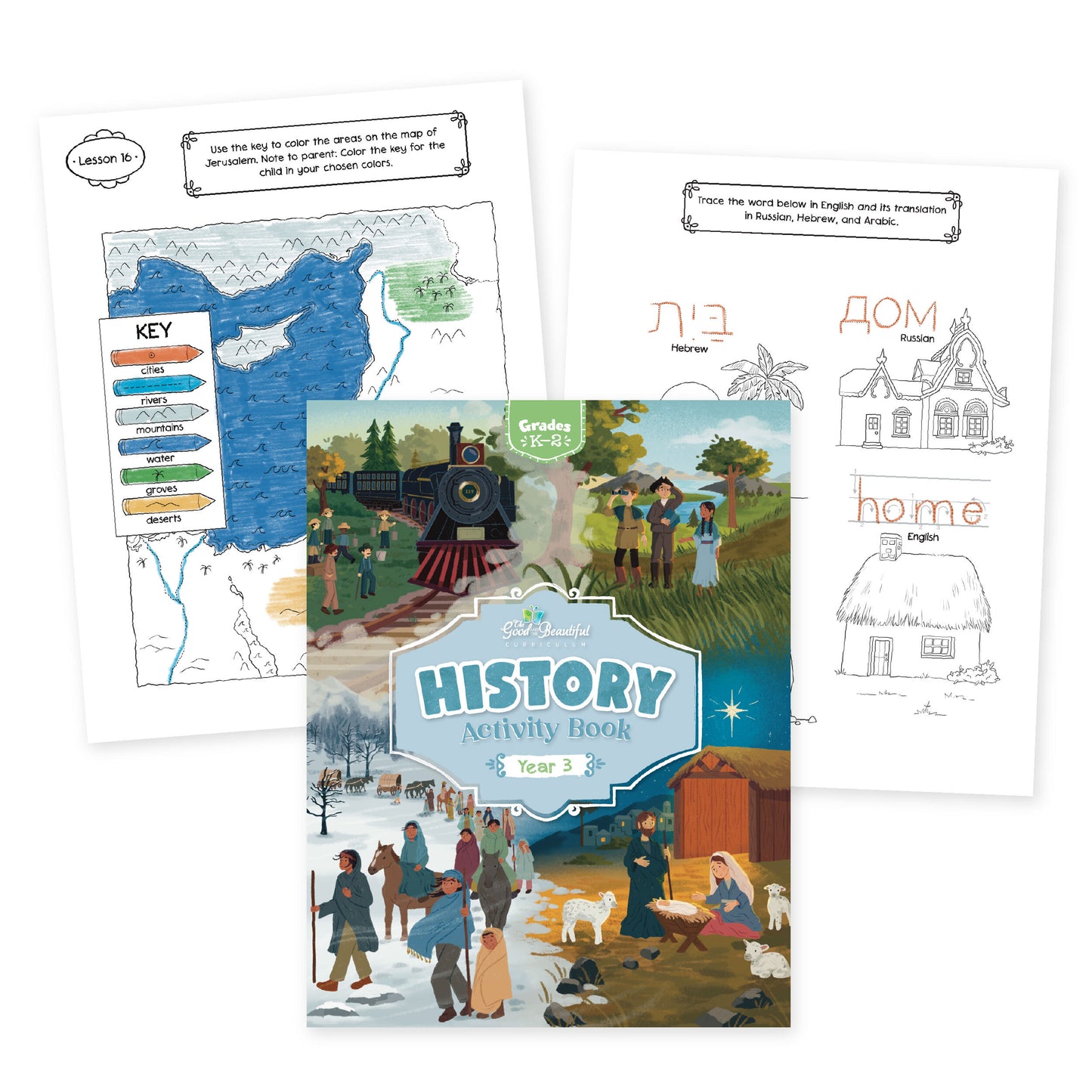 History activity book year 3 with two sample pages from lesson 16 | The Good and the Beautiful