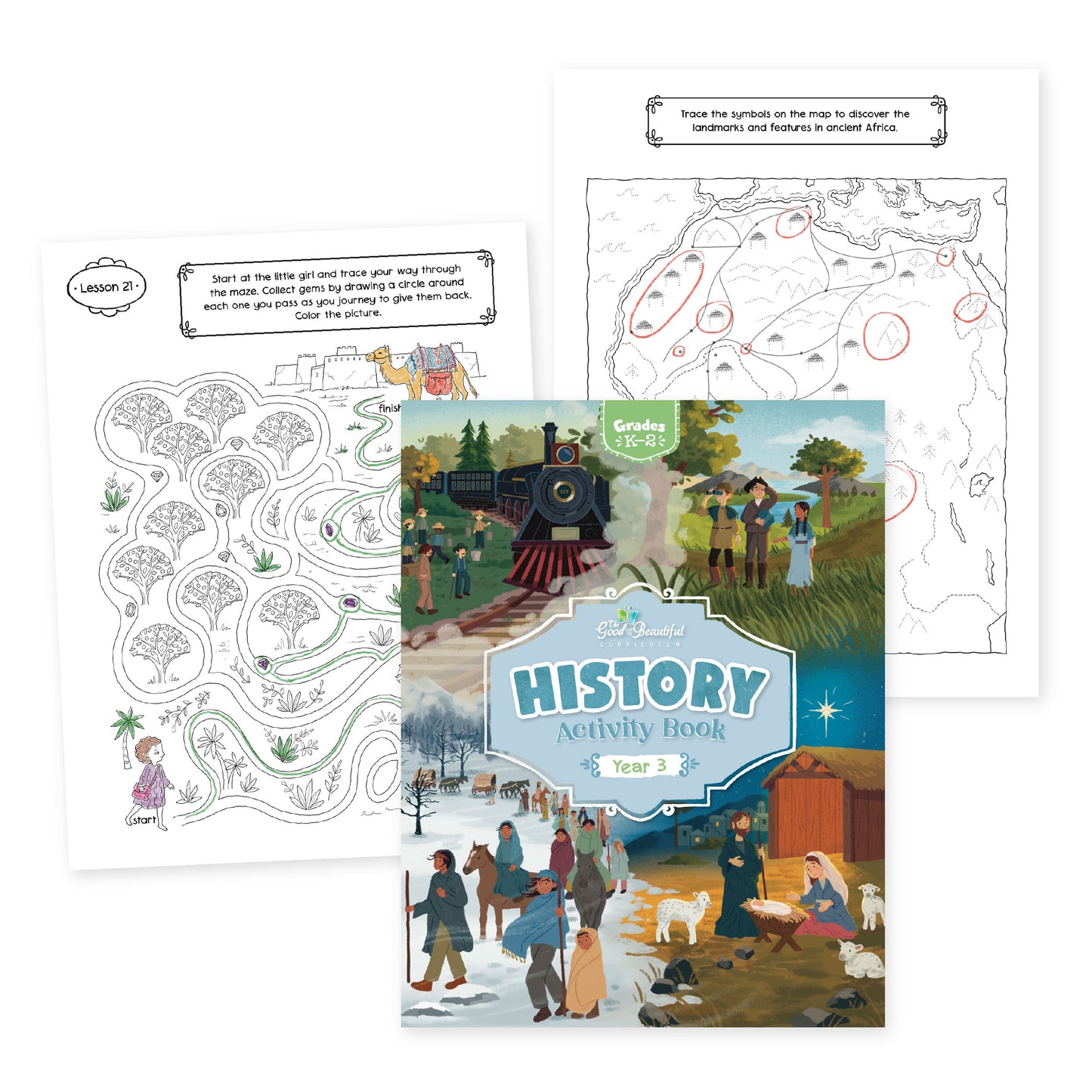 History activity book year 3 with two sample pages from lesson 21 | The Good and the Beautiful