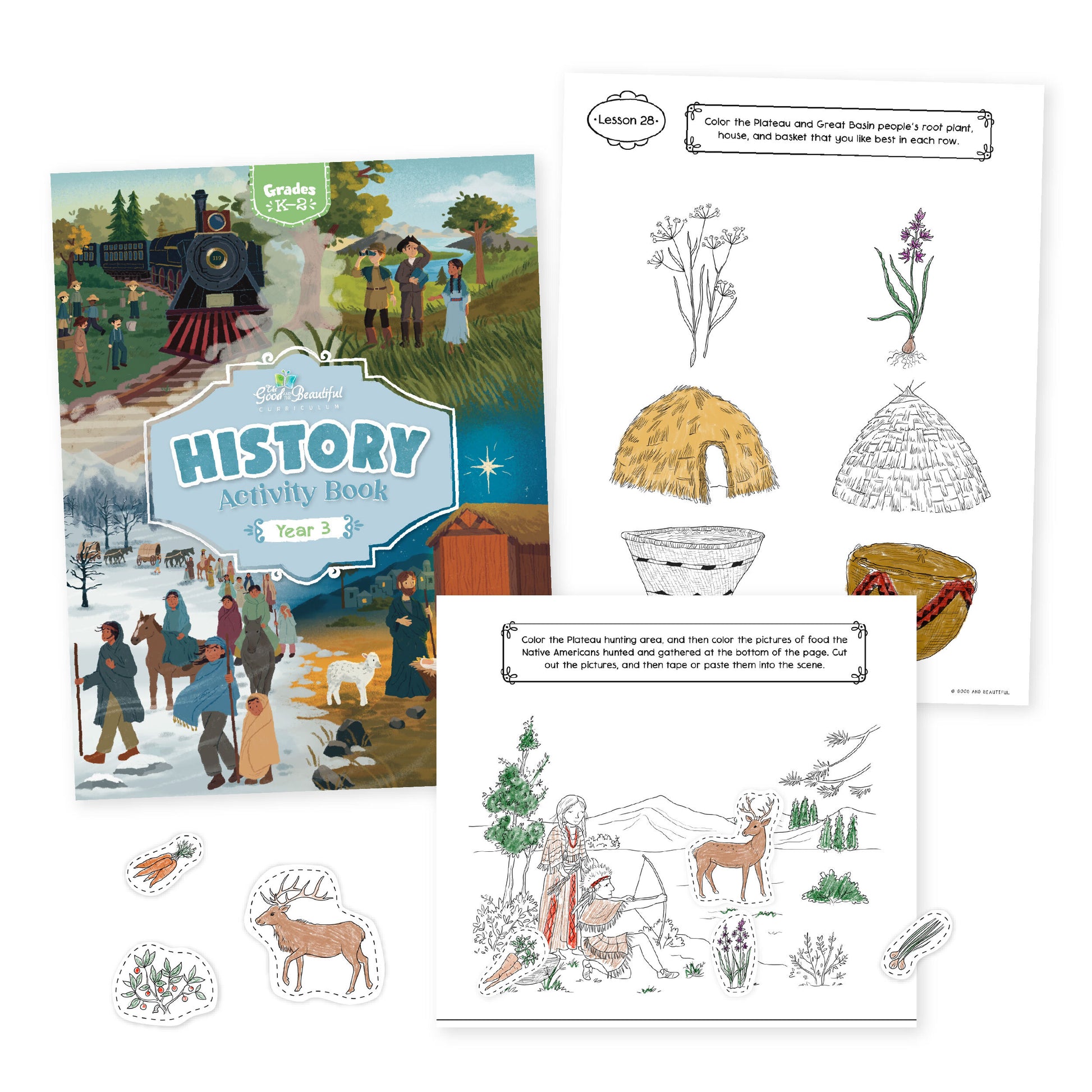 History Activity book Year 3 for grades K-2 with sample pages from lesson 28 | The Good and the Beautiful