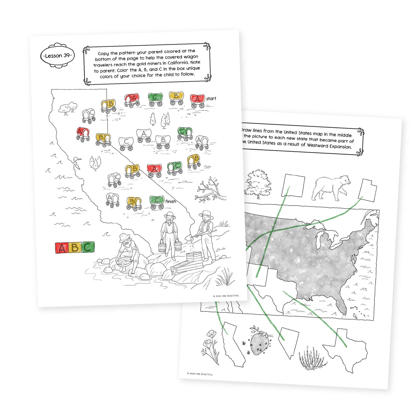 Two sample pages from lesson 39 from history year 3 activity book | The Good and the Beautiful