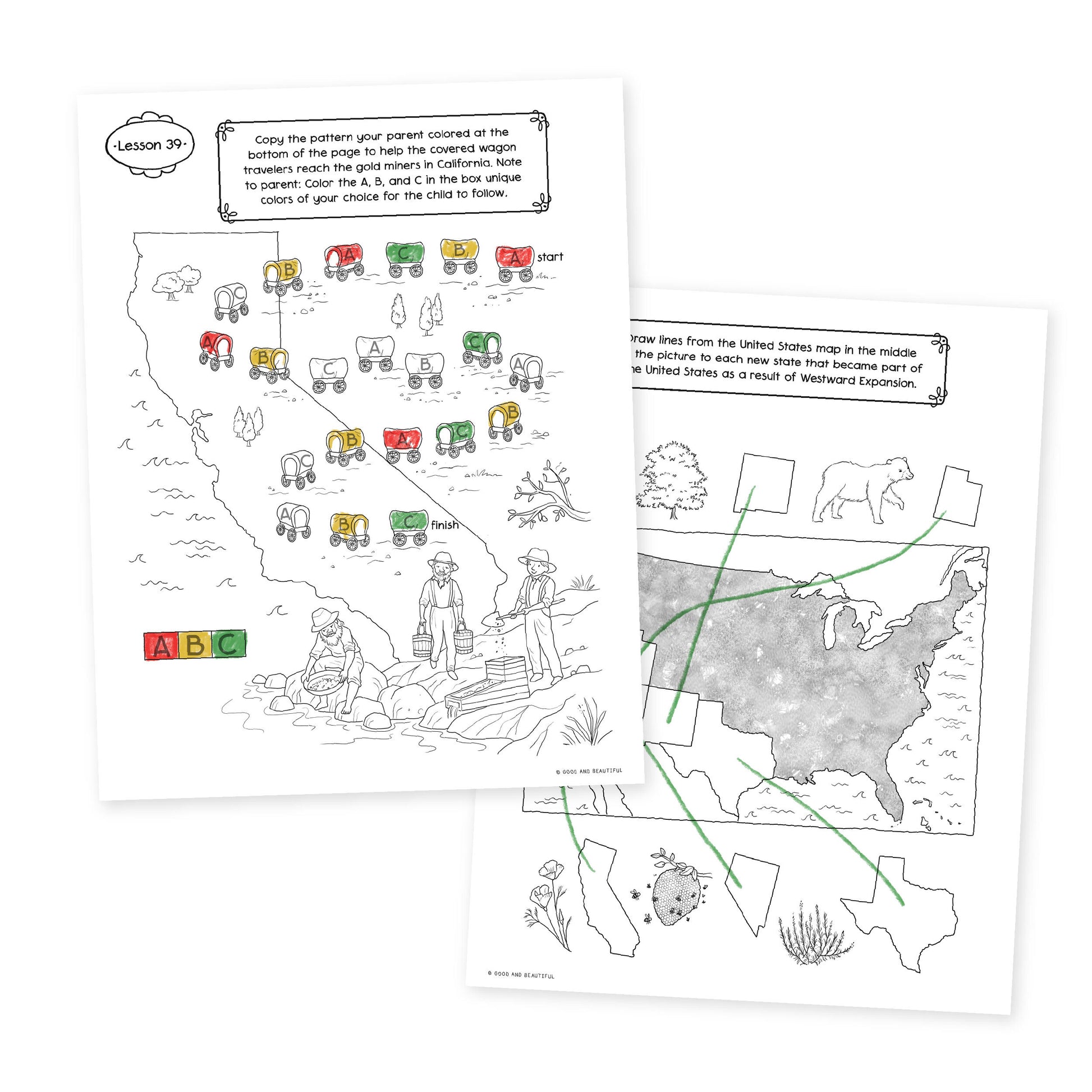 Two sample pages from lesson 39 from history year 3 activity book | The Good and the Beautiful