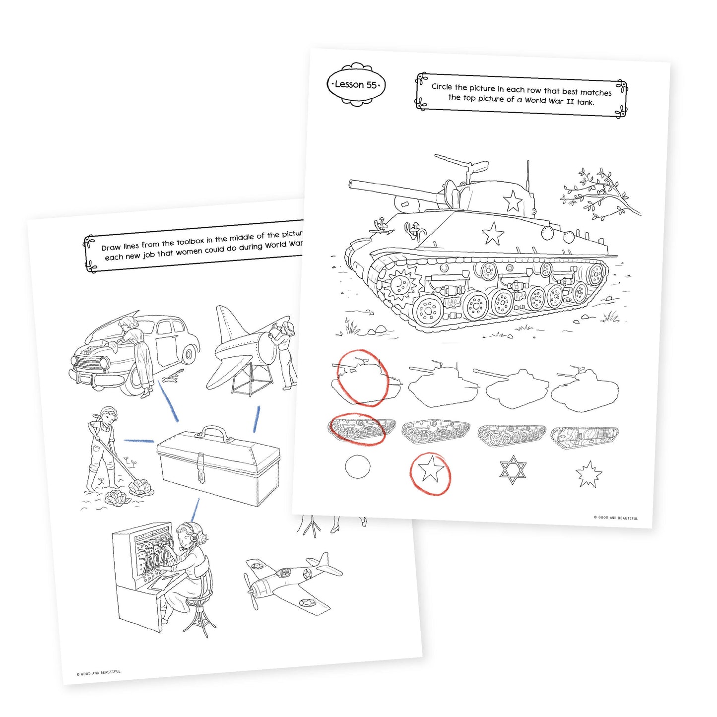 Two sample pages from lesson 55 from history year 3 activity book | The Good and the Beautiful