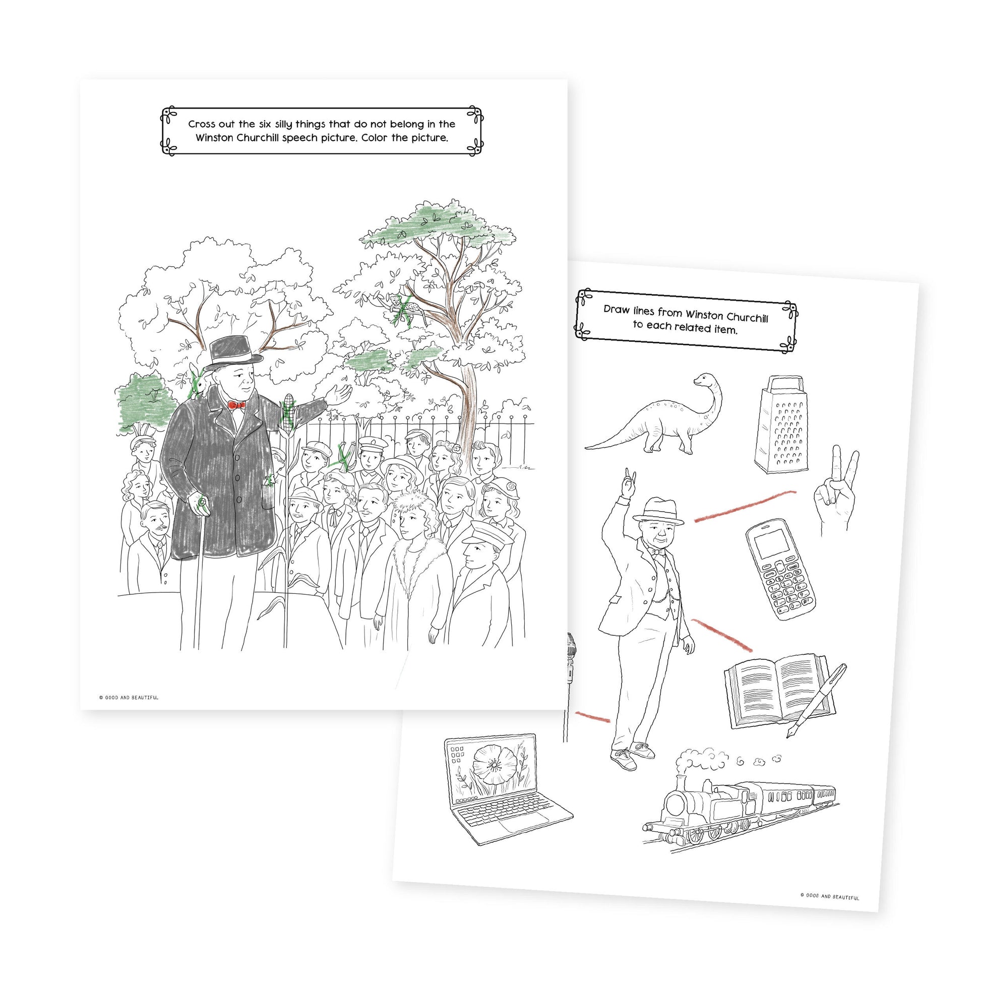 Two sample coloring pages from history year 3 activity book | The Good and the Beautiful