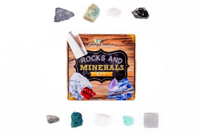 Rocks and Minerals Kit surrounded by 9 different rocks and minerals