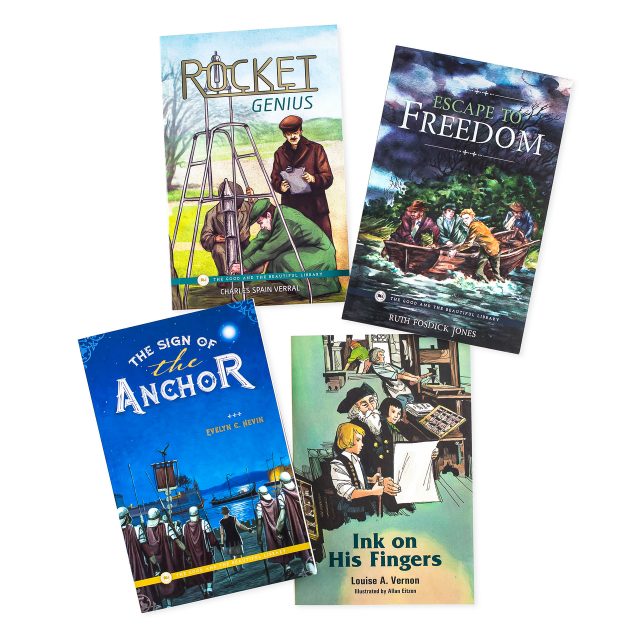 This optional book pack adds the power of historical fiction to your studies. Includes:

    The Sign of the Anchor by Evelyn C. Nevin
    Ink on His Fingers by Louise A. Vernon
    Escape to Freedom by Ruth Fosdick Jones
    Rocket Genius by Charles Spain Verra
