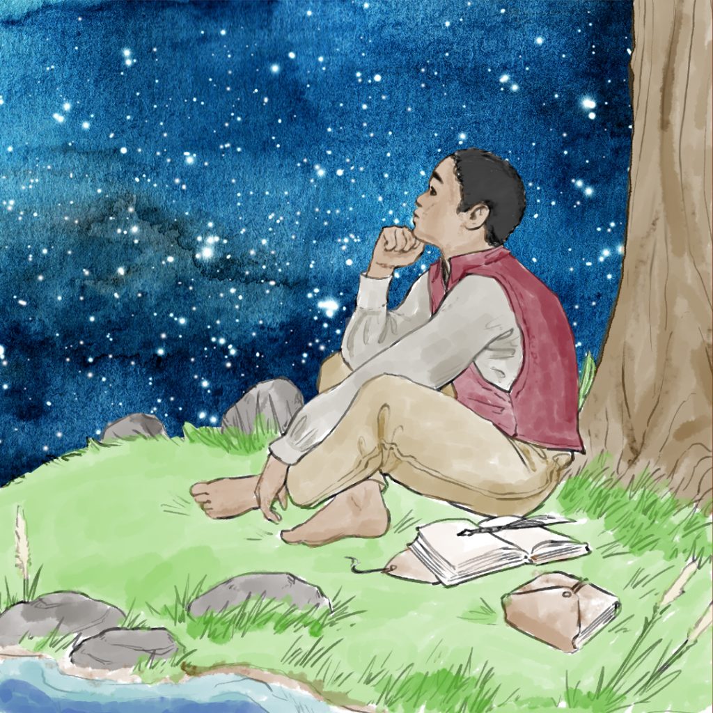 Graphic of young Benjamin Banneker sitting looking at the stars
