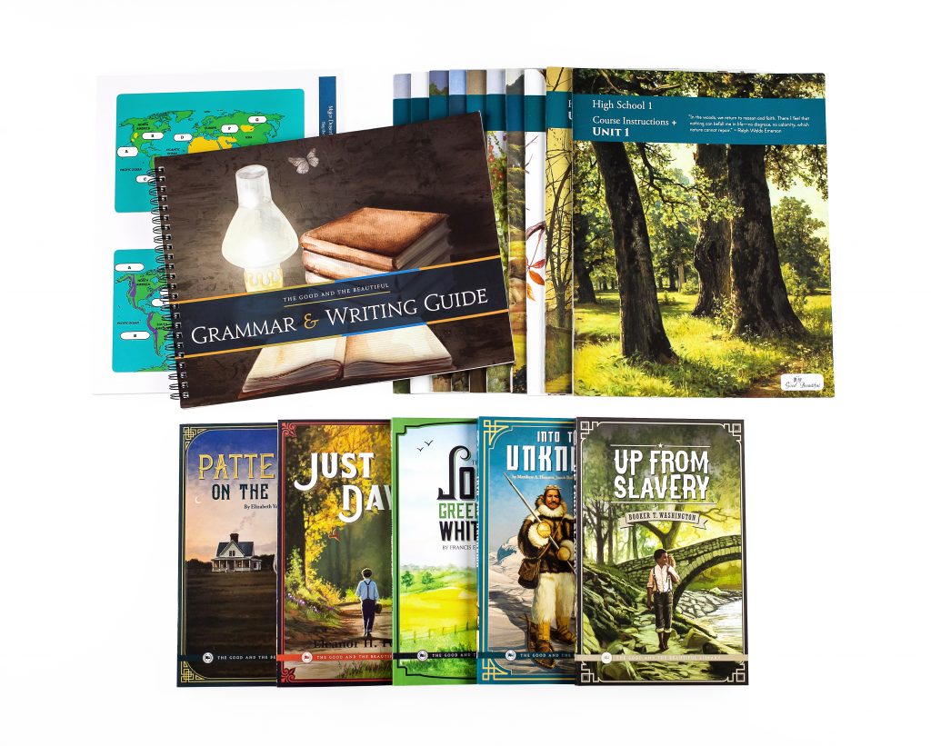 High School 1 course set includes High School 1 Unit Booklets, Grammar & Writing Guide, Geography & Poetry Cards, High School 1 Book Pack