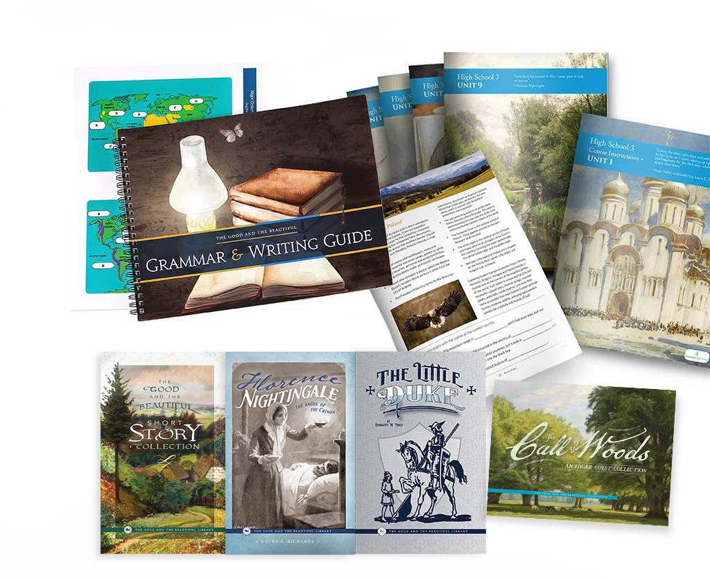High School 3 course set includes High School 3 Unit Booklets, Grammar & Writing Guide, Geography & Poetry Cards, High School 3 Book Pack