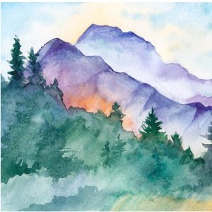 Watercolor picture of purple mountains and forest. 