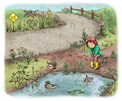 Illustration of girl sitting by duck pond in the rain