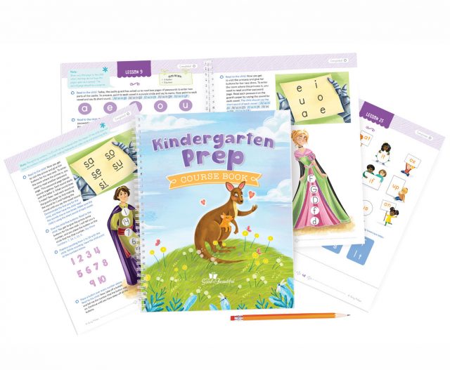 Kindergarten Prep course book cover and pages spread