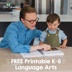 Free Printable K-8 Language Arts Ad with photograph of dad and boy homeschooling