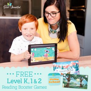 Photograph of boy and mom and Reading Booster Games App on the tablet to teach your children in Level K, 1, and 2 how to read in a fun and engaging way