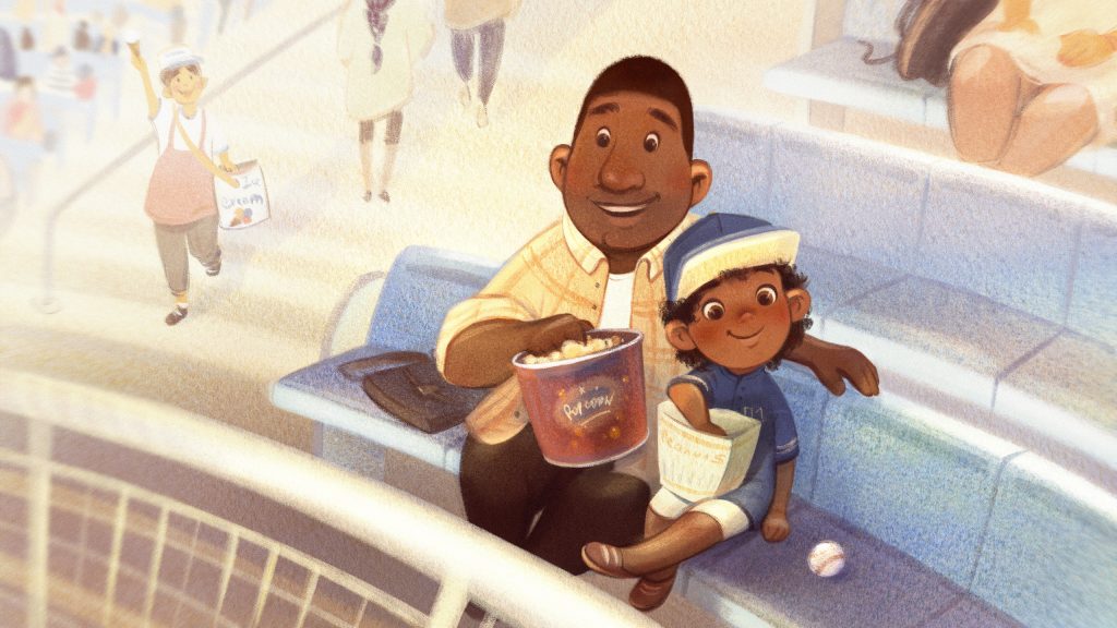 Illustrated father and son eating Cracker Jack at a ball game