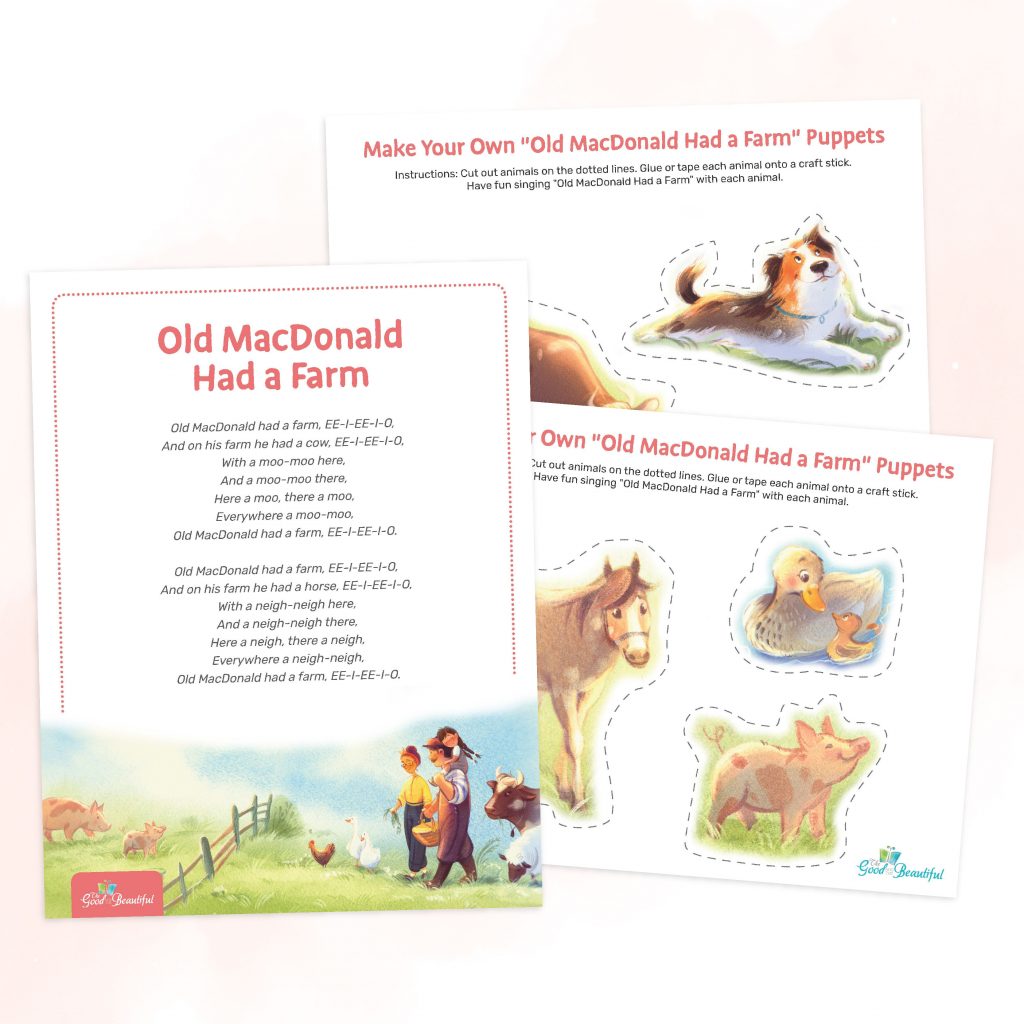 Free PDF download of Old MacDonald Had a Farm Lyrics with animal puppets