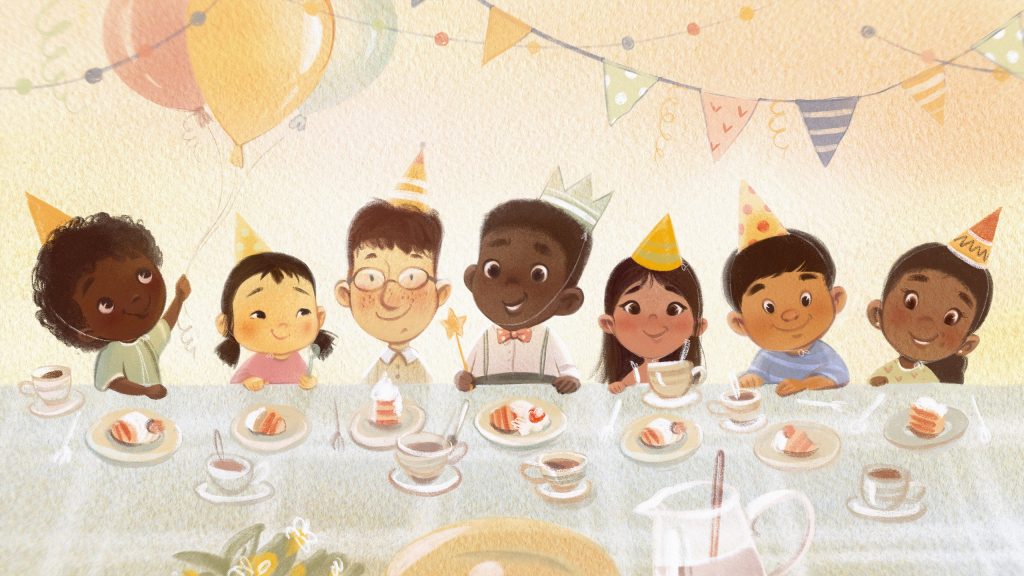 Illustrated children at a party, singing Happy Birthday