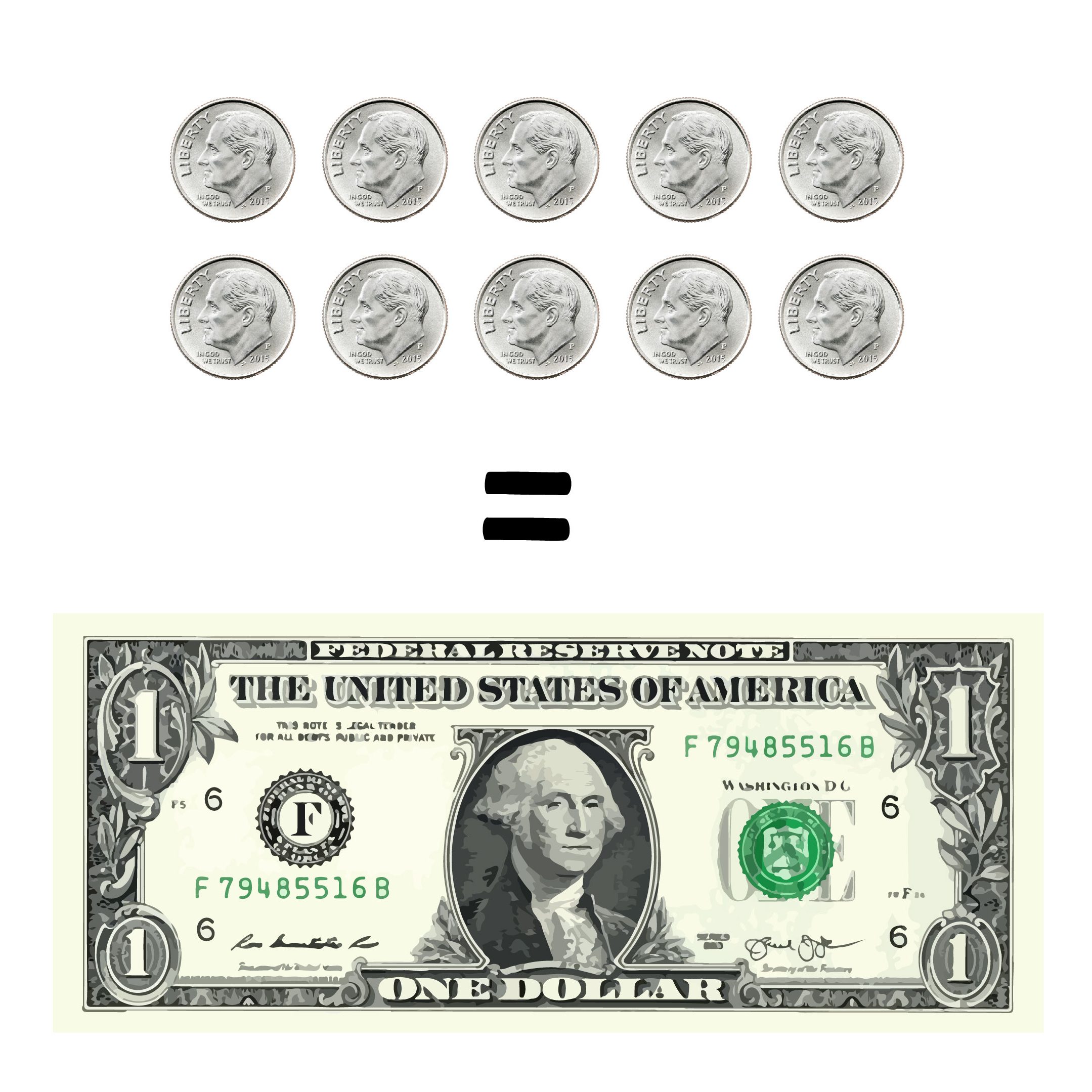 Ten dimes equals one dollar
