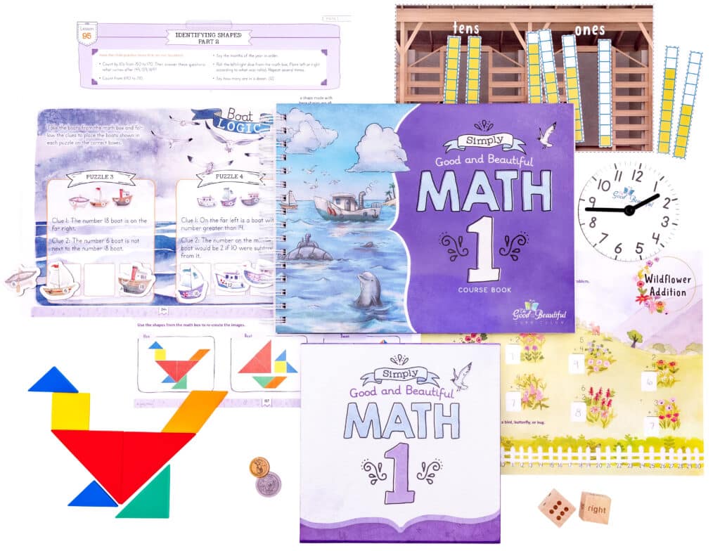 Homeschool Math Box with Contents and Course Book with Lesson Pages for Grade 1